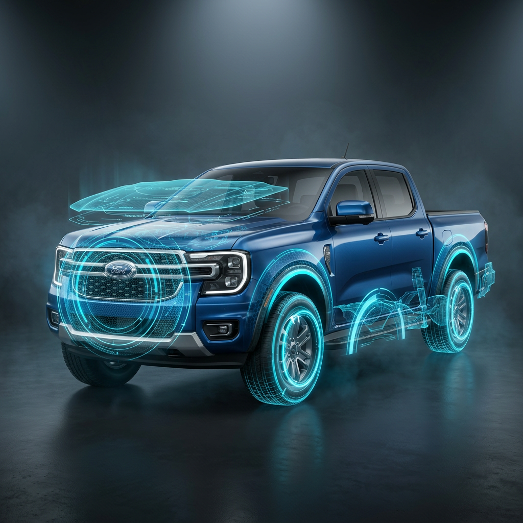 Blue Ford pickup truck with glowing cyan holographic wireframe overlays showcasing sensors and internal components. (Representative image for illustration purposes only. Actual vehicle may vary based on trim and configuration.)