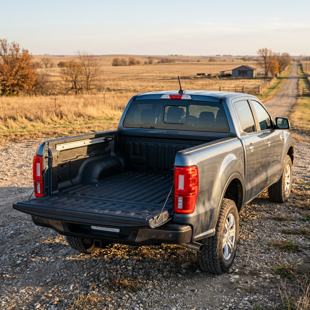 Metallic blue pickup truck parked on a rural gravel road with its tailgate down. (Representative image for illustration purposes only. Actual vehicle may vary based on trim and configuration.)