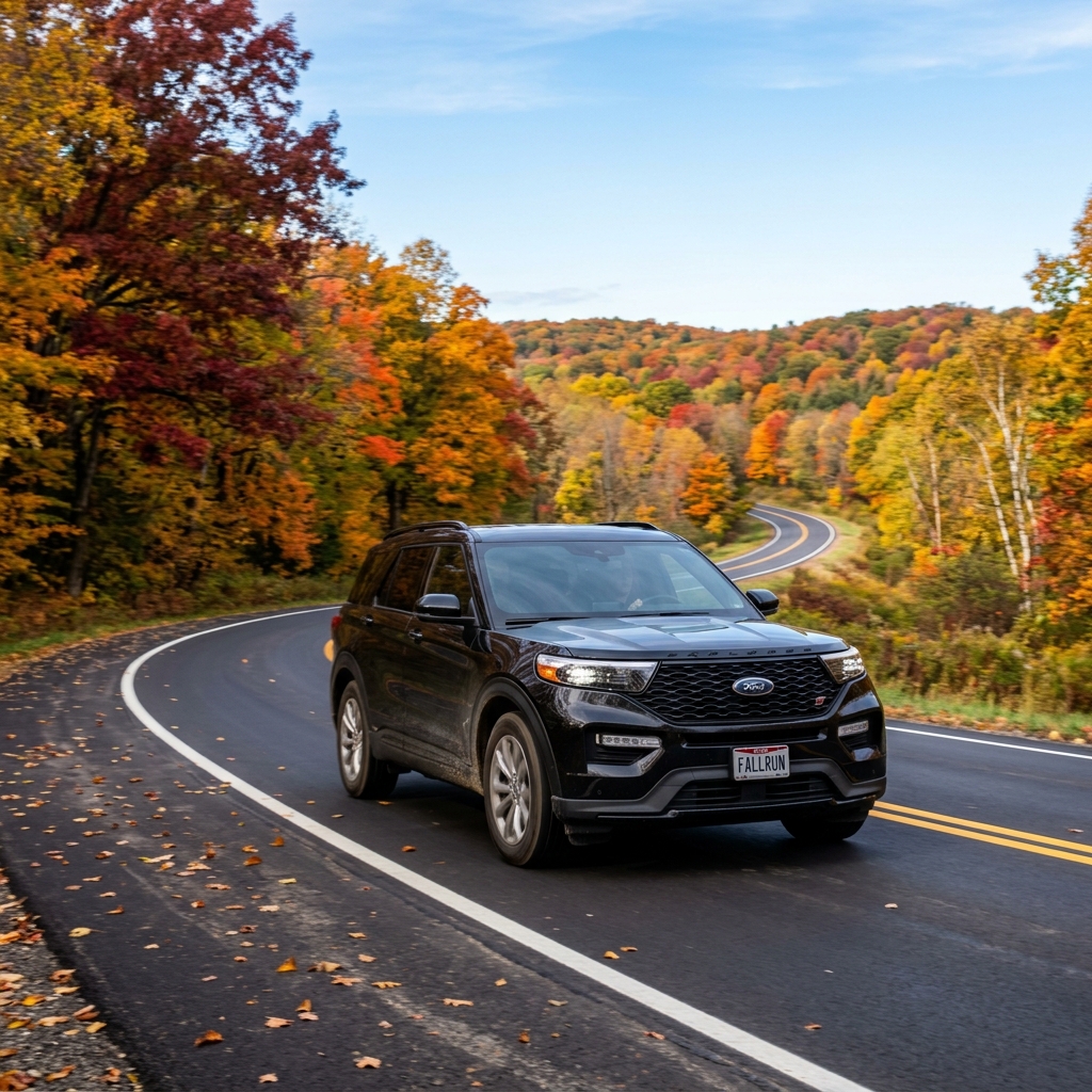 A black Ford SUV drives along a winding road surrounded by colorful autumn trees and rolling hills. (Representative image for illustration purposes only. Actual vehicle may vary based on trim and configuration.)