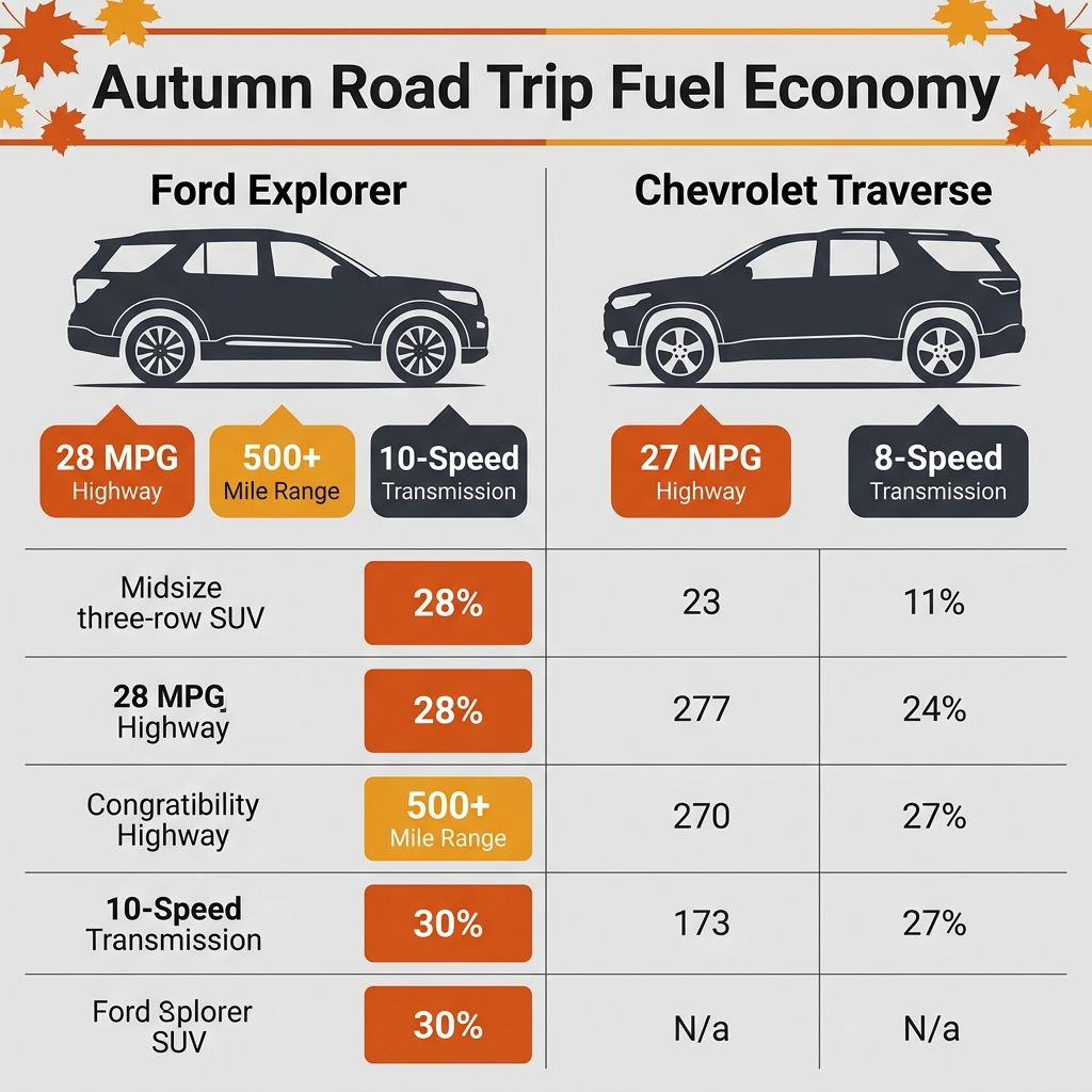 Infographic comparing Ford Explorer and Chevrolet Traverse fuel economy and specs for autumn road trips. (Representative image for illustration purposes only. Actual vehicle may vary based on trim and configuration.)