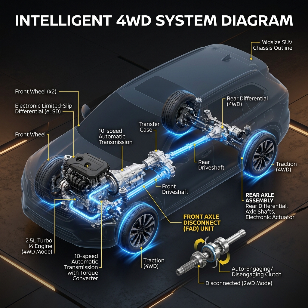 Diagram highlighting the mechanical components of an intelligent 4WD midsize SUV drivetrain and front axle disconnect. (Representative image for illustration purposes only. Actual vehicle may vary based on trim and configuration.)