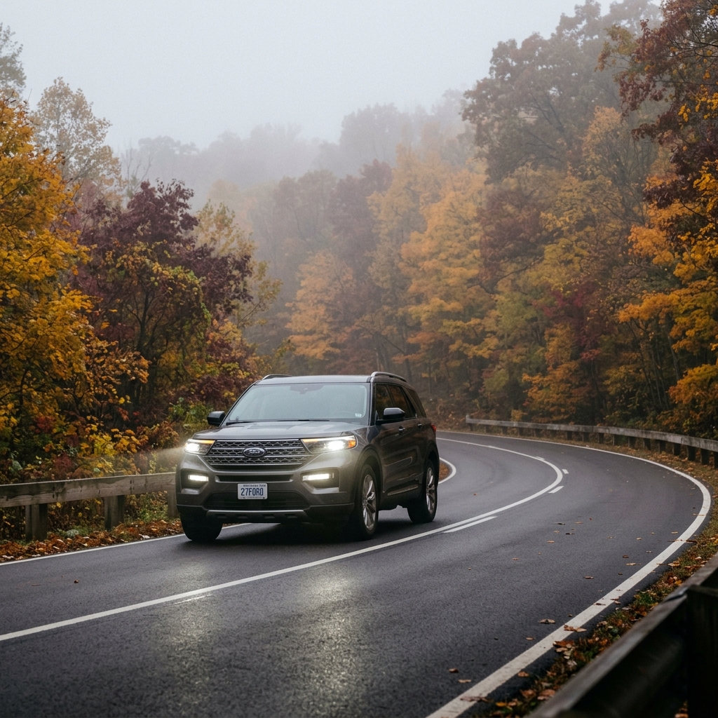 Grey Ford SUV driving on a winding, wet road through a foggy autumn forest with vibrant foliage. (Representative image for illustration purposes only. Actual vehicle may vary based on trim and configuration.)
