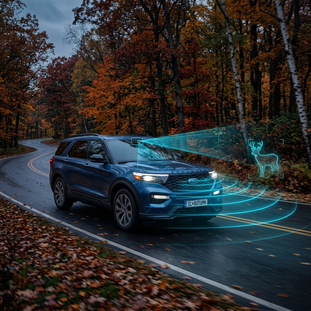 Blue SUV driving on a dark, winding forest road using camera and radar sensors to detect a deer ahead. (Representative image for illustration purposes only. Actual vehicle may vary based on trim and configuration.)