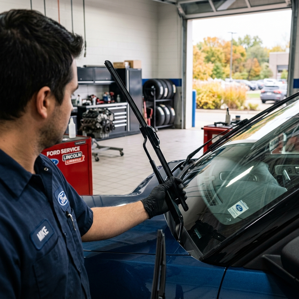 A Ford service technician in black gloves installs a new windshield wiper blade on a blue vehicle in a garage bay. (Representative image for illustration purposes only. Actual vehicle may vary based on trim and configuration.)