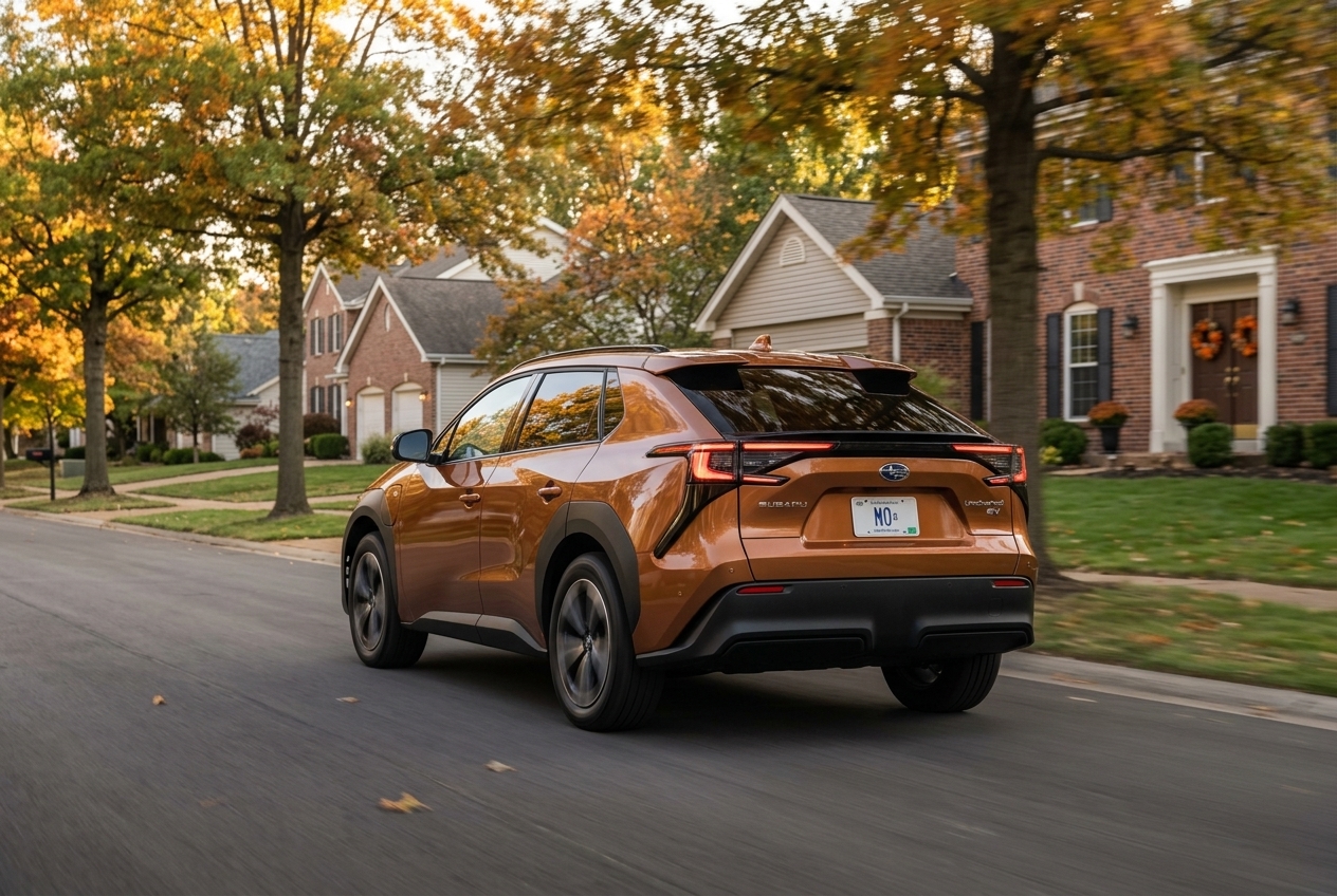 Rear view of a metallic copper Subaru Solterra EV driving through a quiet suburban neighborhood lined with autumn trees. (Representative image for illustration purposes only. Actual vehicle may vary based on trim and configuration.)