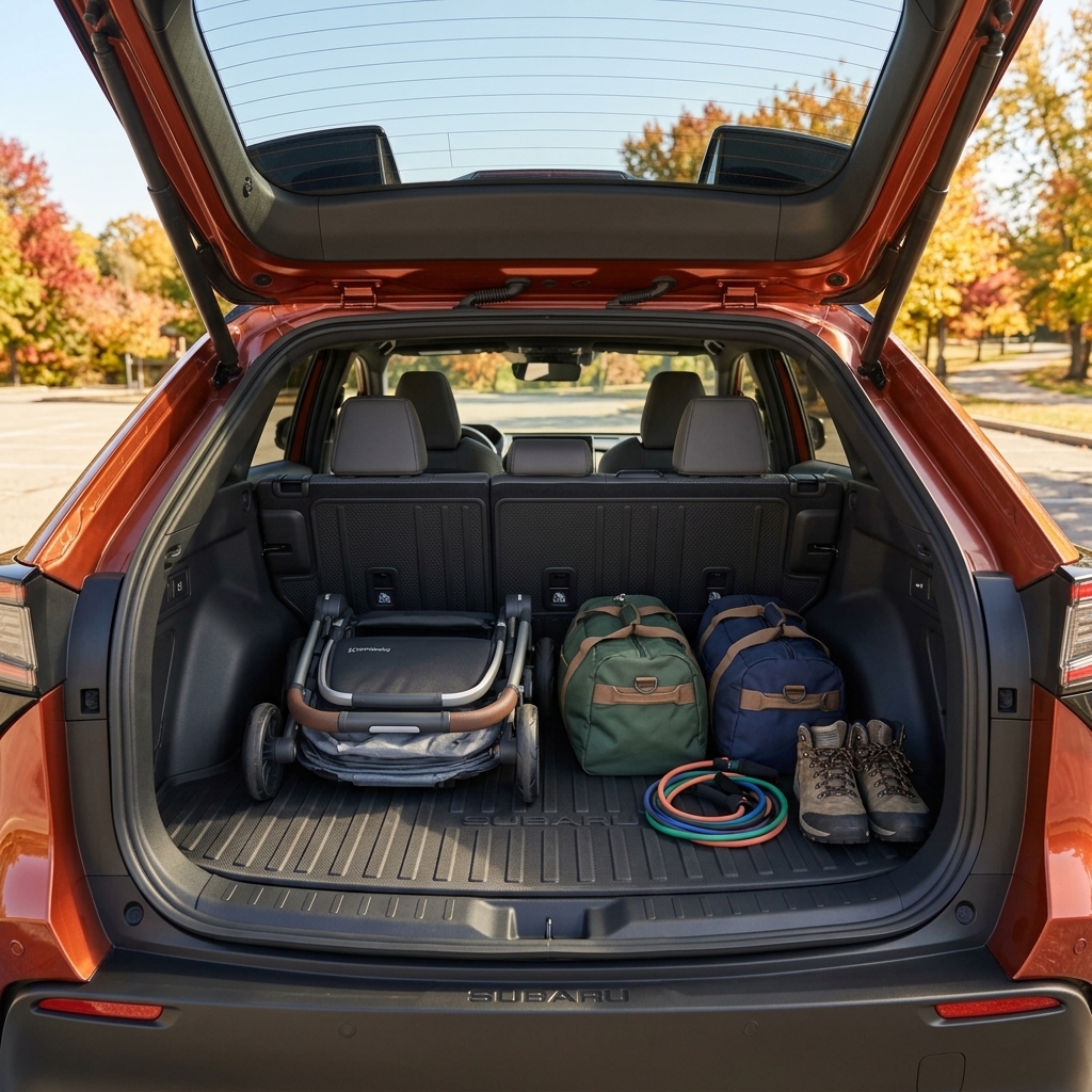Open trunk of an orange Subaru SUV packed with a folded stroller, duffel bags, resistance bands, and hiking boots. (Representative image for illustration purposes only. Actual vehicle may vary based on trim and configuration.)