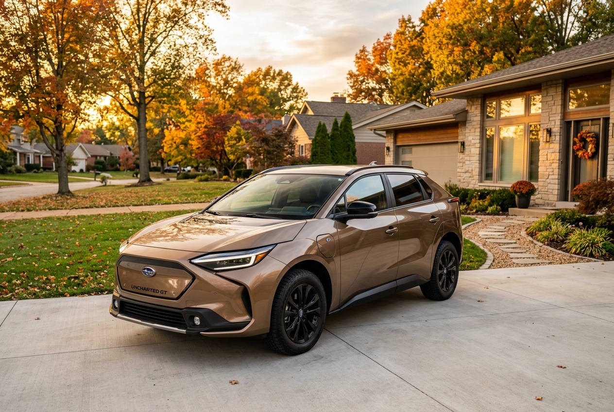 A bronze Subaru electric SUV parked on a suburban driveway during autumn with colorful foliage in the background. (Representative image for illustration purposes only. Actual vehicle may vary based on trim and configuration.)