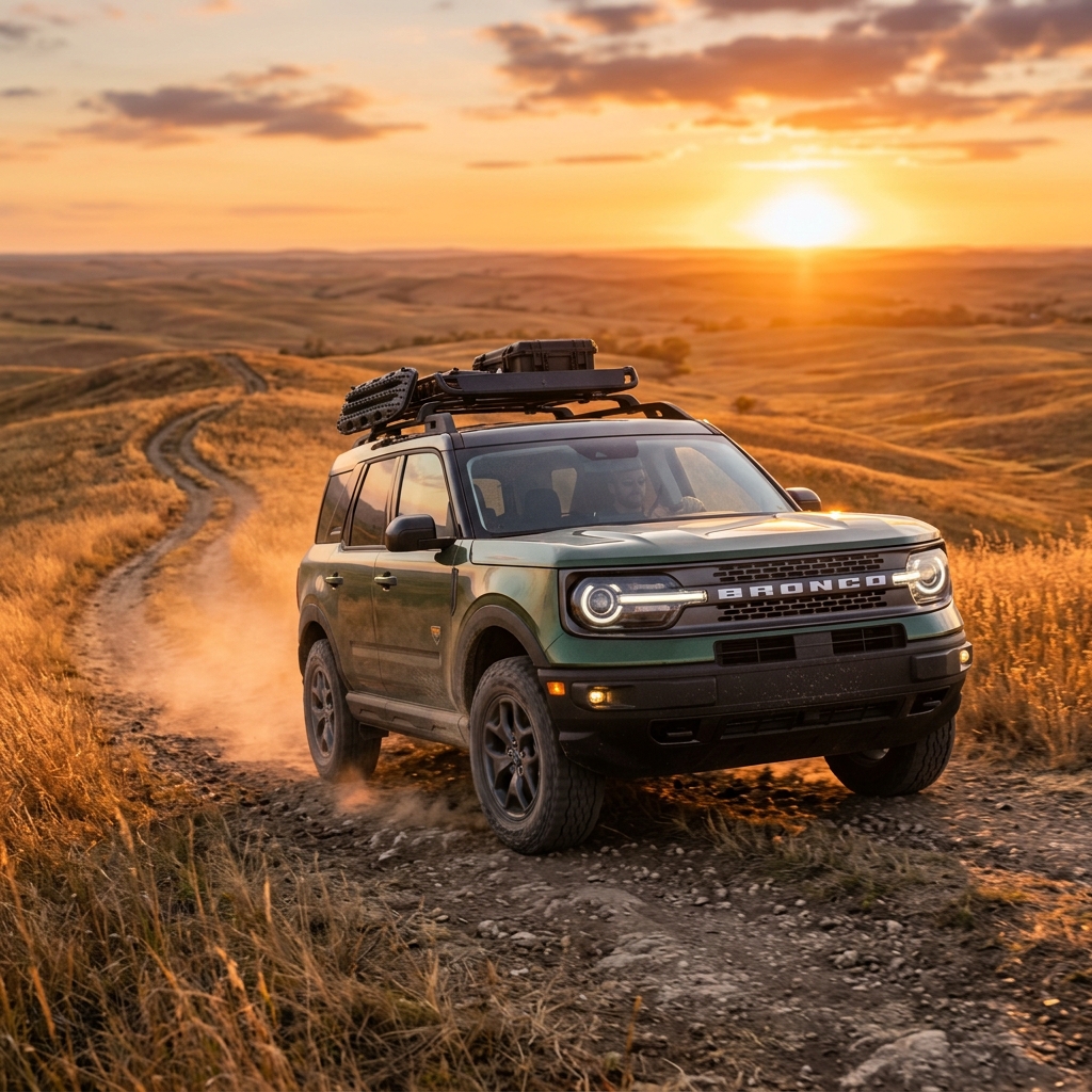 Green Ford Bronco Sport with a roof rack driving down a dirt trail through rolling hills at sunset. (Representative image for illustration purposes only. Actual vehicle may vary based on trim and configuration.)
