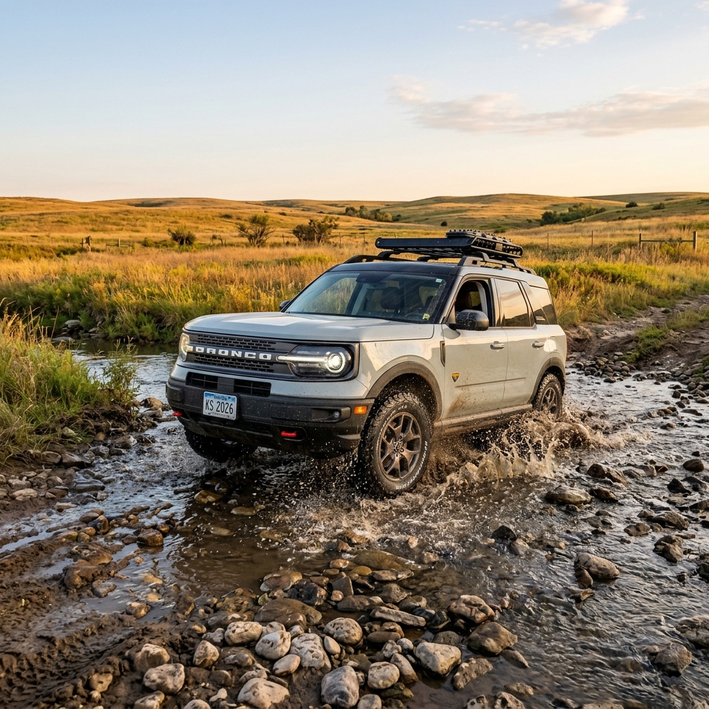 A light gray Ford Bronco Sport splashing through a shallow, rocky stream in a scenic grassy countryside. (Representative image for illustration purposes only. Actual vehicle may vary based on trim and configuration.)