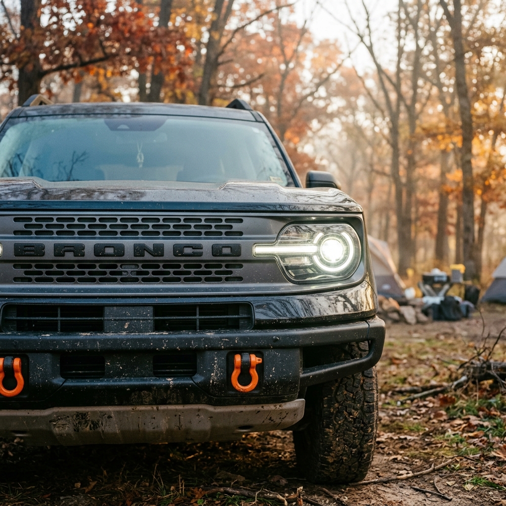 Close-up of a dark grey Ford Bronco Sport headlight and front grille with orange tow hooks in autumn woods. (Representative image for illustration purposes only. Actual vehicle may vary based on trim and configuration.)