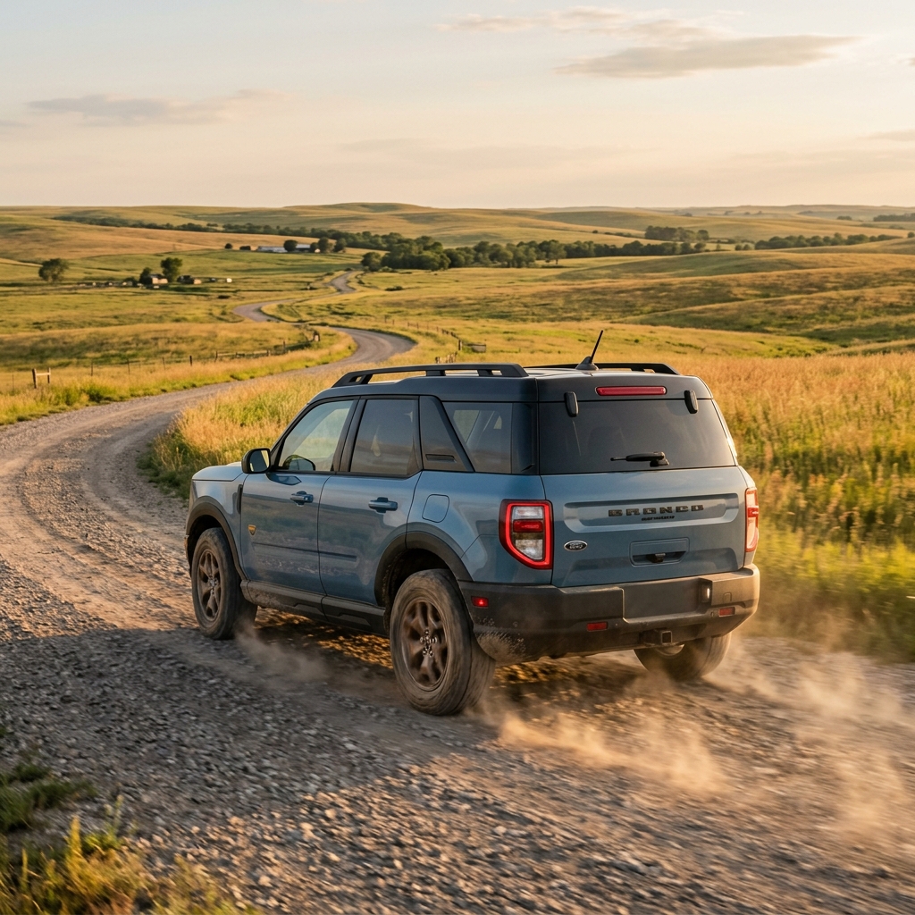 A blue Ford Bronco Sport driving along a winding gravel road through rolling countryside hills at sunset. (Representative image for illustration purposes only. Actual vehicle may vary based on trim and configuration.)