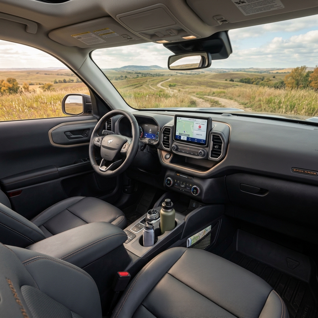 Interior view of a Ford Bronco Sport dashboard and seats facing a dirt road through grassy hills. (Representative image for illustration purposes only. Actual vehicle may vary based on trim and configuration.)