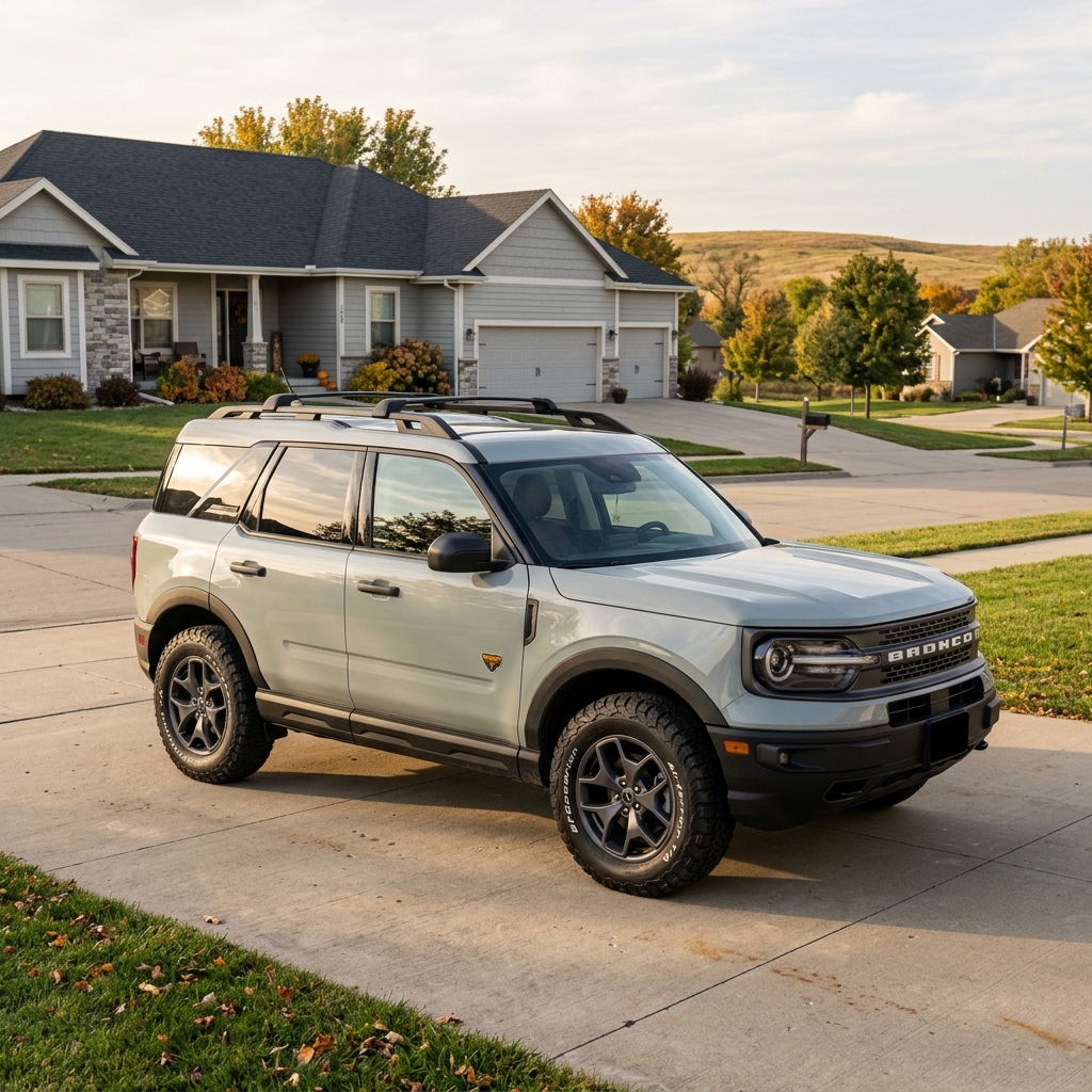 Light gray Ford Bronco Sport parked on a concrete driveway in front of a suburban house. (Representative image for illustration purposes only. Actual vehicle may vary based on trim and configuration.)