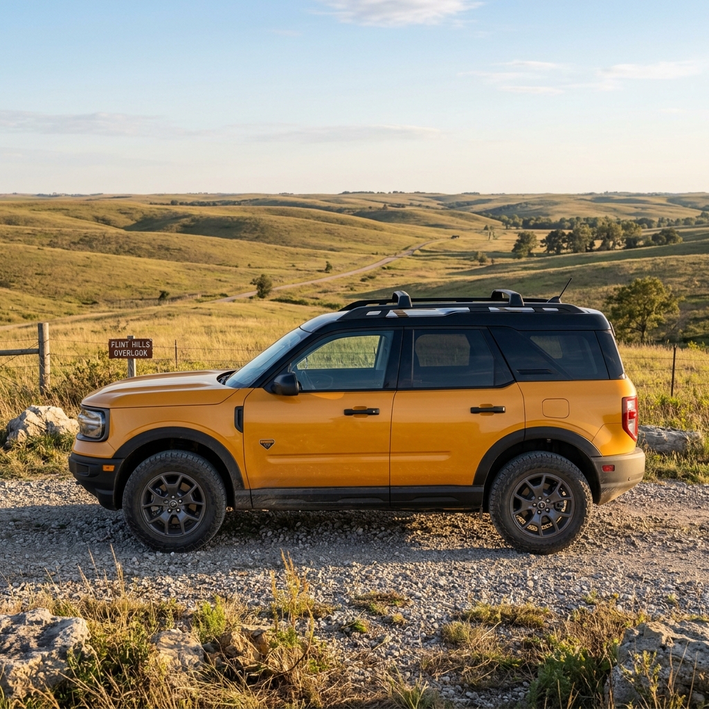 Yellow and black SUV parked on a gravel trail with rolling green hills in the background. (Representative image for illustration purposes only. Actual vehicle may vary based on trim and configuration.)