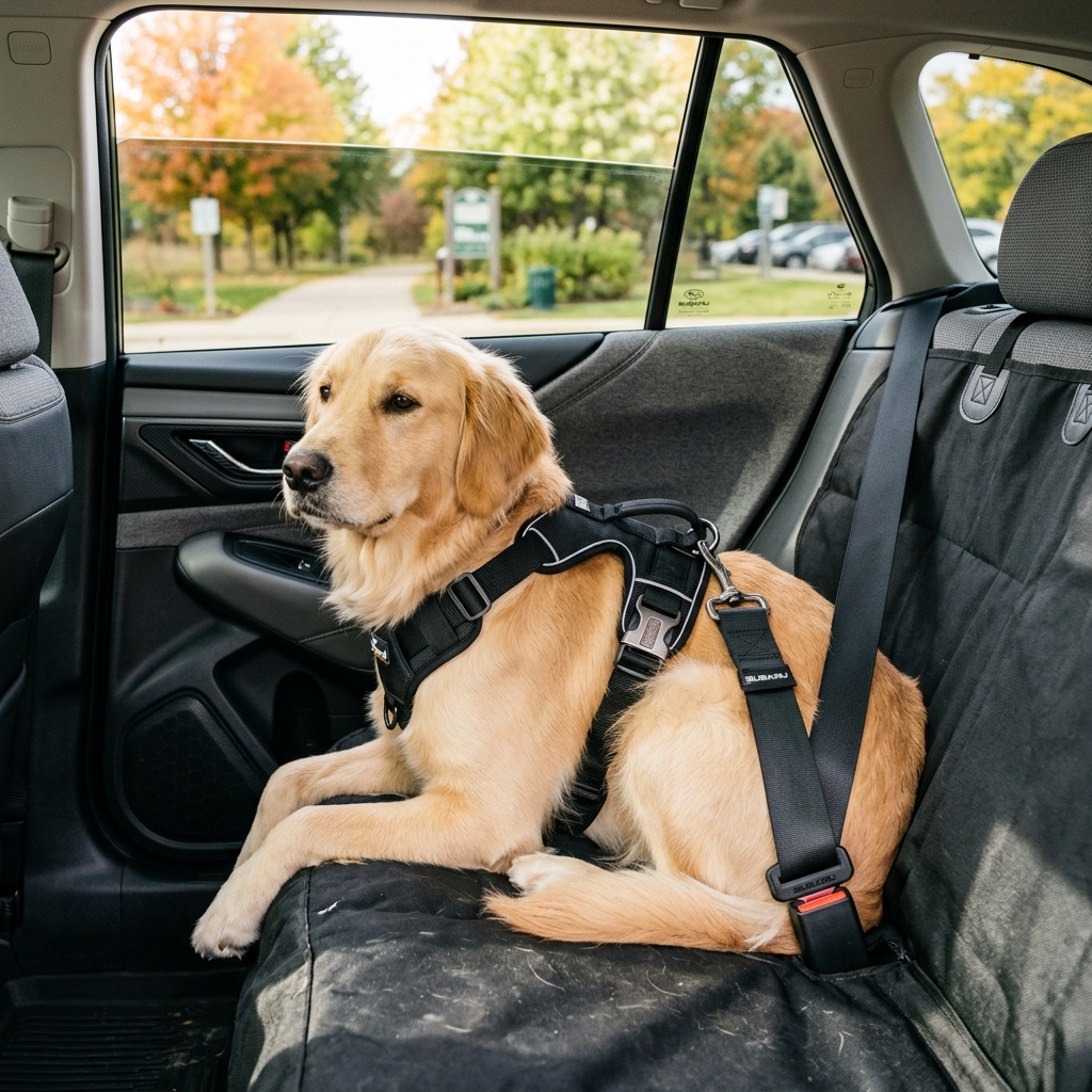 A golden retriever sitting on a black seat cover in a car backseat, wearing a safety harness clipped to a seatbelt. (Representative image for illustration purposes only. Actual vehicle may vary based on trim and configuration.)