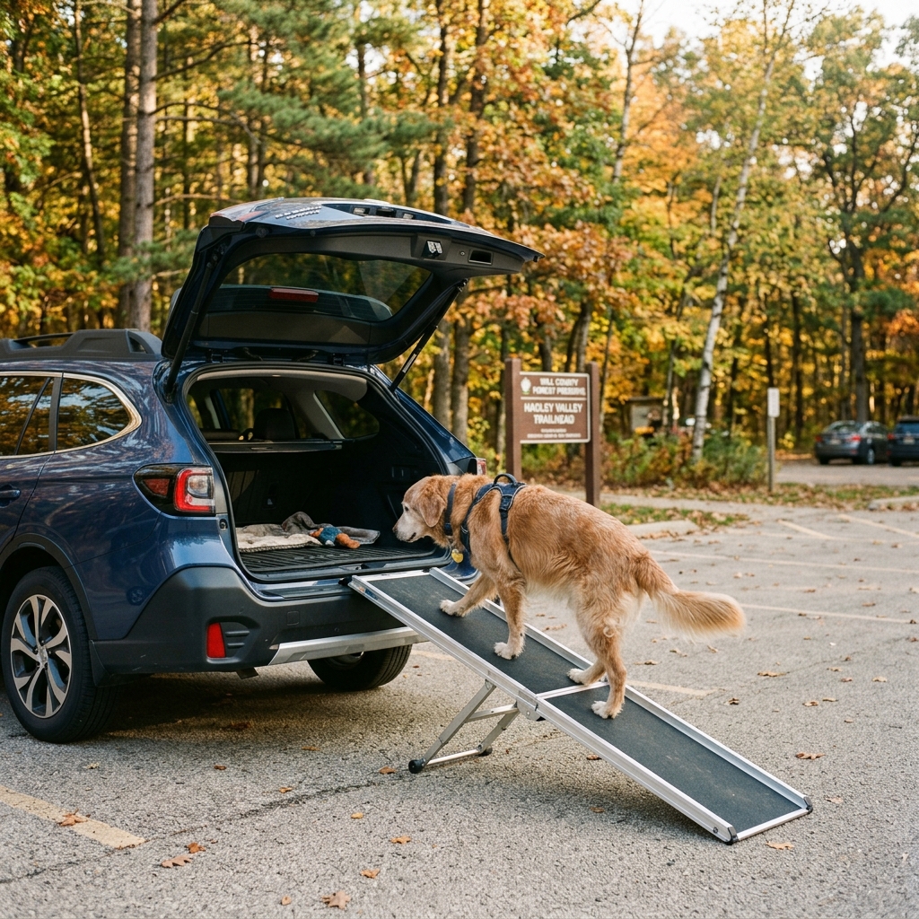 Golden retriever walking up a folding ramp into the open trunk of a blue SUV in a park. (Representative image for illustration purposes only. Actual vehicle may vary based on trim and configuration.)