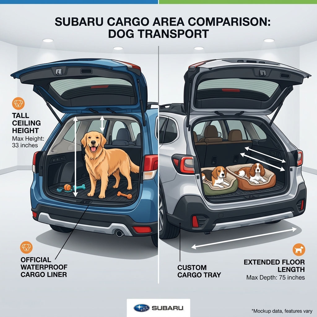 Graphic comparing Subaru cargo areas for dog transport, highlighting ceiling height and extended floor length. (Representative image for illustration purposes only. Actual vehicle may vary based on trim and configuration.)