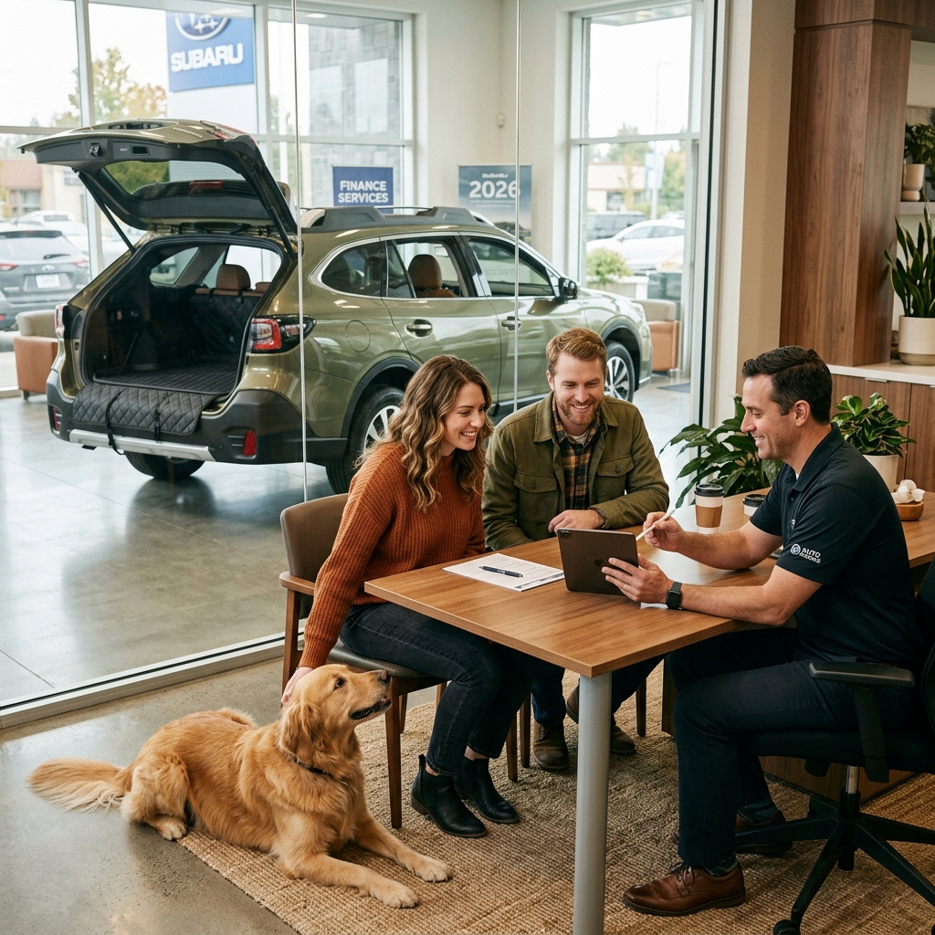 A couple and their golden retriever talk to a car salesperson at a Subaru dealership desk while reviewing a tablet. (Representative image for illustration purposes only. Actual vehicle may vary based on trim and configuration.)