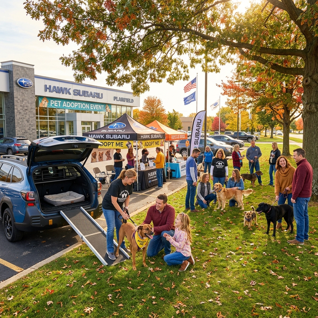 People and dogs gathering at a Hawk Subaru outdoor pet adoption event next to a blue SUV with an open trunk and ramp. (Representative image for illustration purposes only. Actual vehicle may vary based on trim and configuration.)