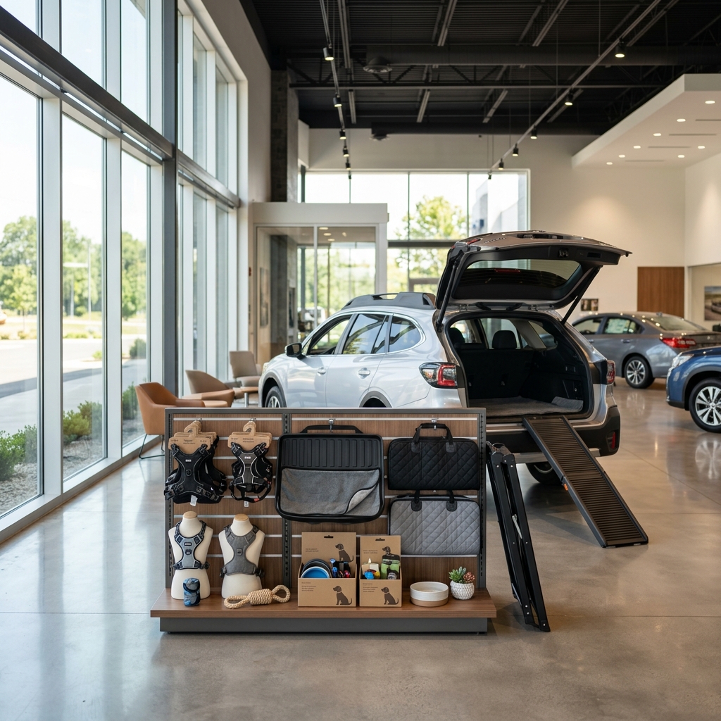 A pet accessories display stand with dog harnesses, seat covers, and a dog ramp leading into an open SUV trunk. (Representative image for illustration purposes only. Actual vehicle may vary based on trim and configuration.)