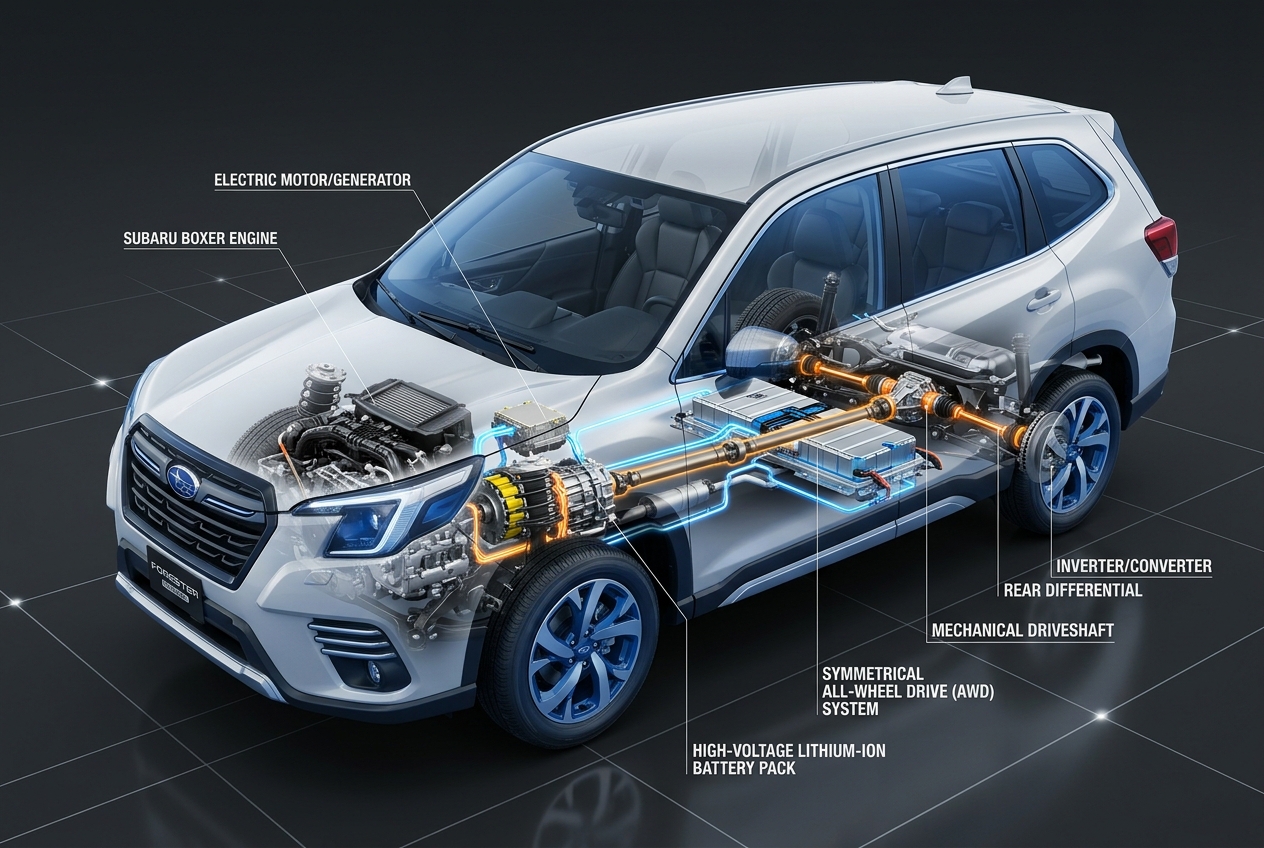 Cutaway diagram of a Subaru Forester displaying its hybrid engine, electric motor, AWD system, and battery components. (Representative image for illustration purposes only. Actual vehicle may vary based on trim and configuration.)