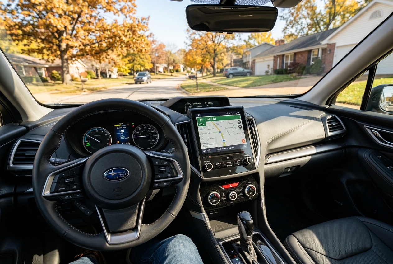 Driver POV inside a Subaru car dashboard showing touchscreen navigation map on a suburban street with fall trees. (Representative image for illustration purposes only. Actual vehicle may vary based on trim and configuration.)