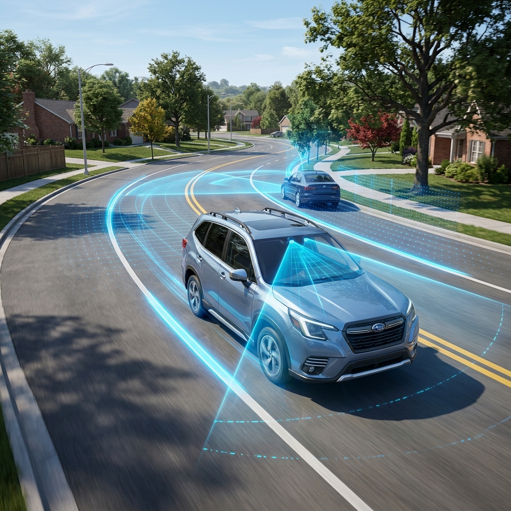 Silver Subaru SUV driving on a suburban road with blue digital graphics depicting driver-assist vision technology. (Representative image for illustration purposes only. Actual vehicle may vary based on trim and configuration.)