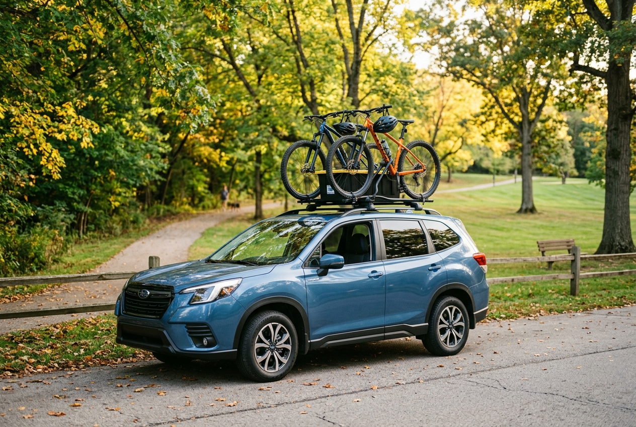 Blue Subaru Forester with two bicycles mounted on a roof rack, parked beside a park road with trees. (Representative image for illustration purposes only. Actual vehicle may vary based on trim and configuration.)