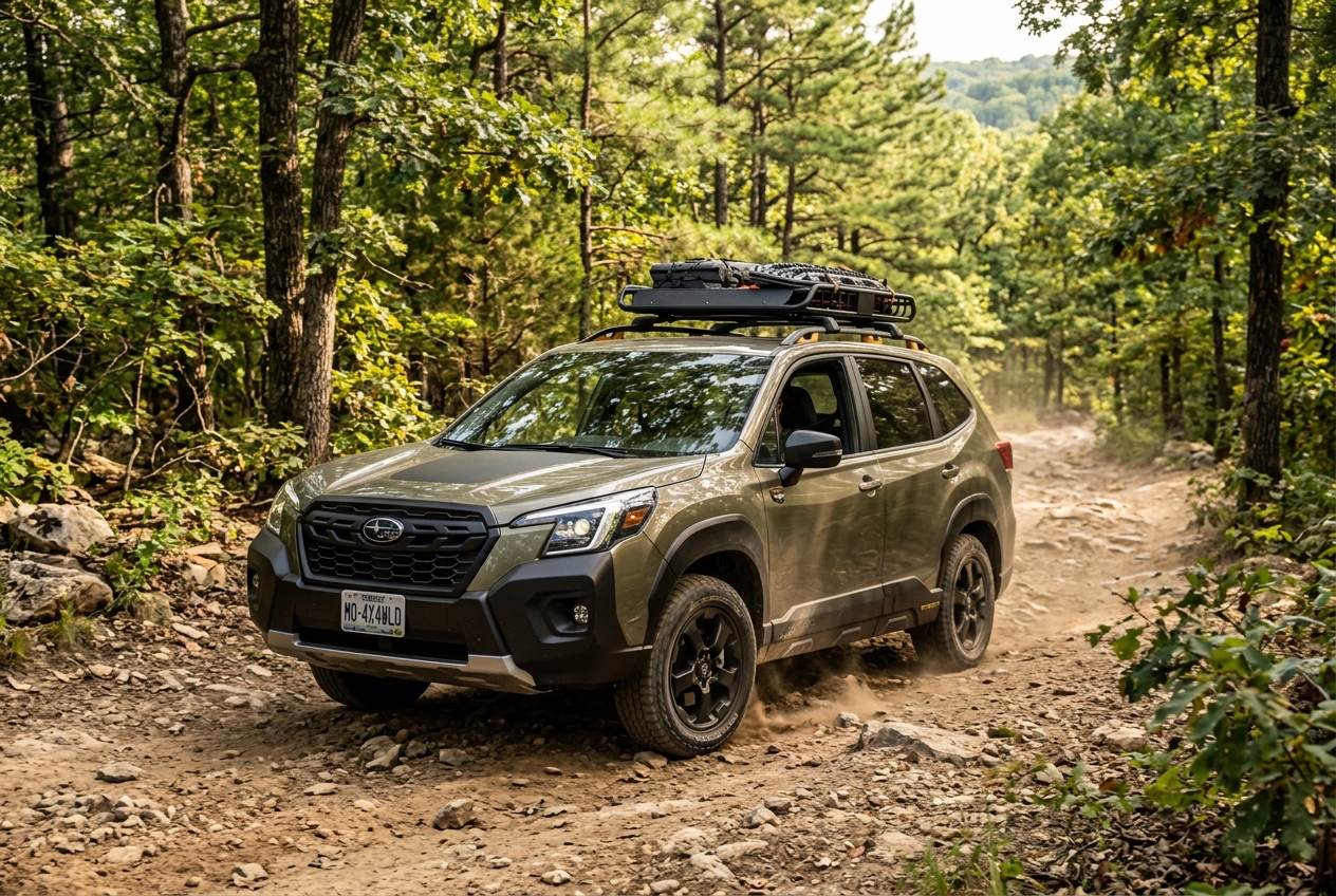 Olive green Subaru Forester Wilderness driving along a rocky dirt path through a forest. (Representative image for illustration purposes only. Actual vehicle may vary based on trim and configuration.)