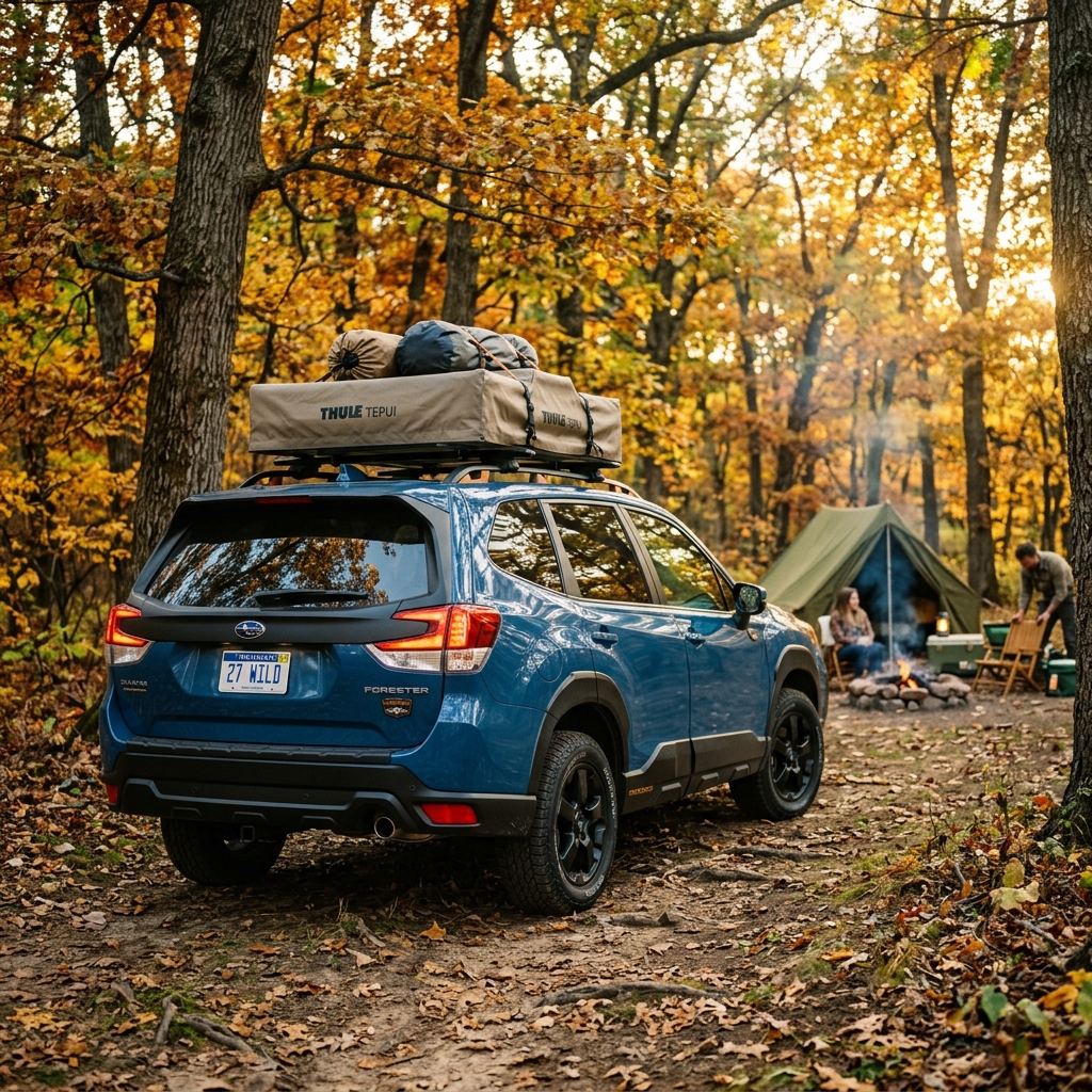 A blue Subaru Forester with a Thule rooftop tent parked at a campsite in a fall forest with people by a campfire. (Representative image for illustration purposes only. Actual vehicle may vary based on trim and configuration.)