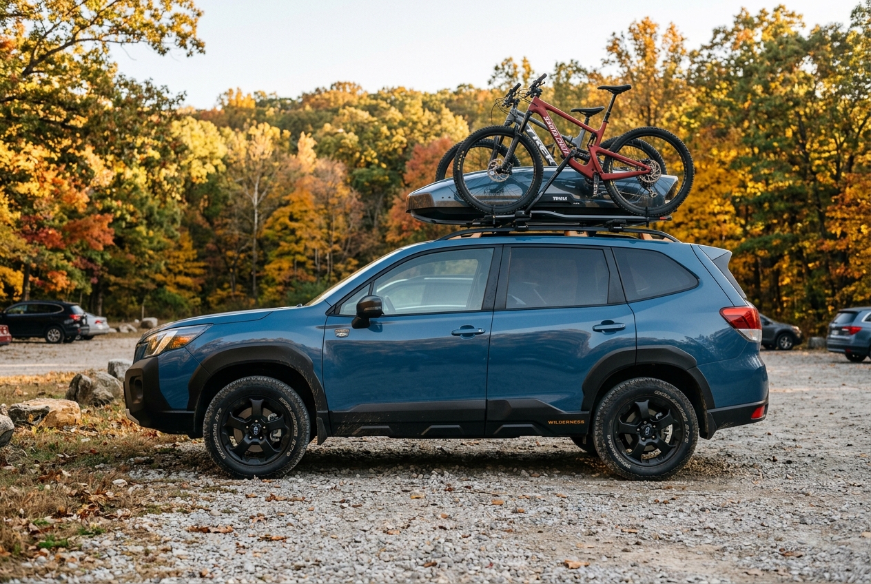 Blue Subaru Forester Wilderness parked outdoors with mountain bikes and a cargo box on its roof rack during autumn. (Representative image for illustration purposes only. Actual vehicle may vary based on trim and configuration.)