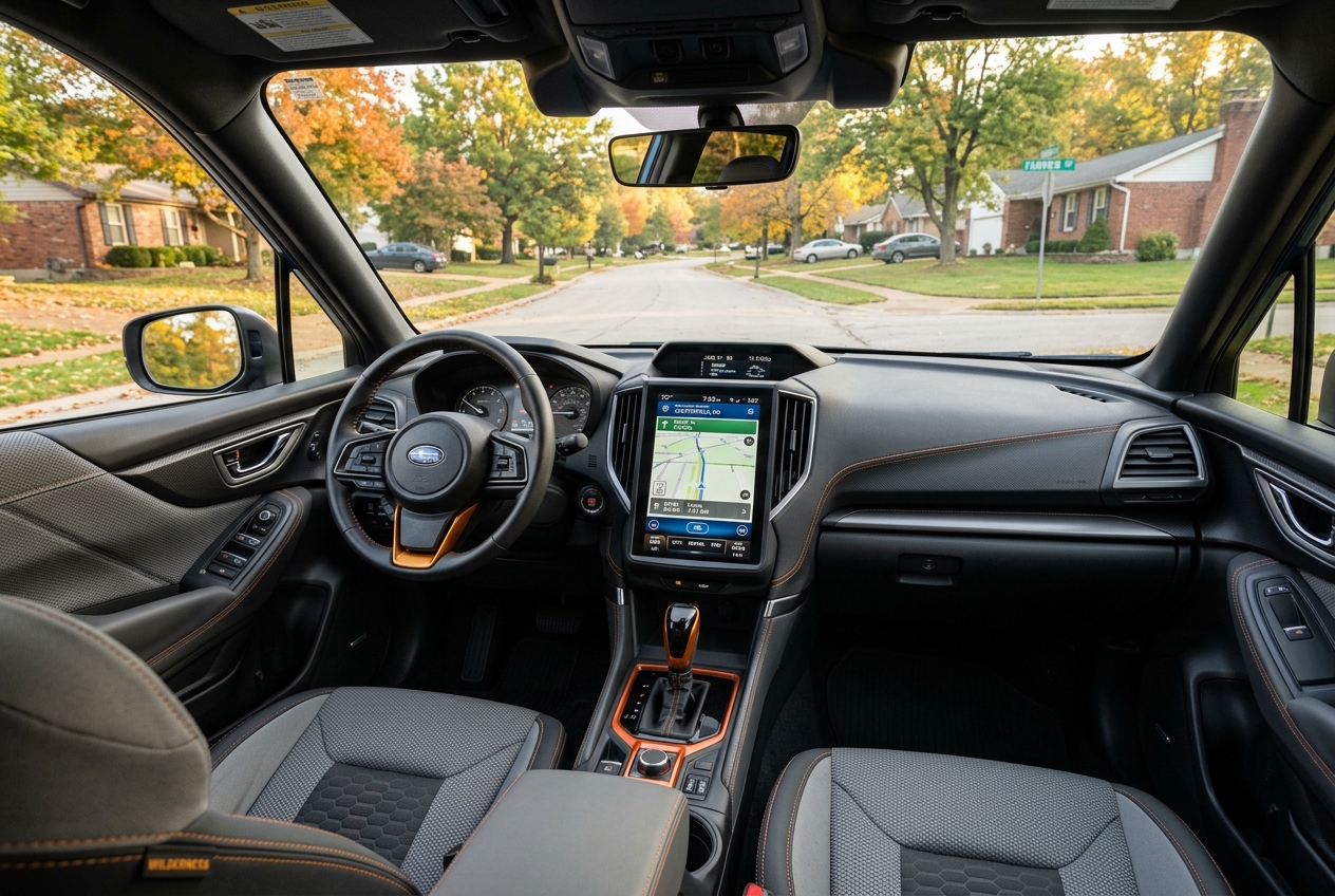 Dashboard view of a Subaru Wilderness interior featuring copper accents, a large touchscreen, and textured seats. (Representative image for illustration purposes only. Actual vehicle may vary based on trim and configuration.)