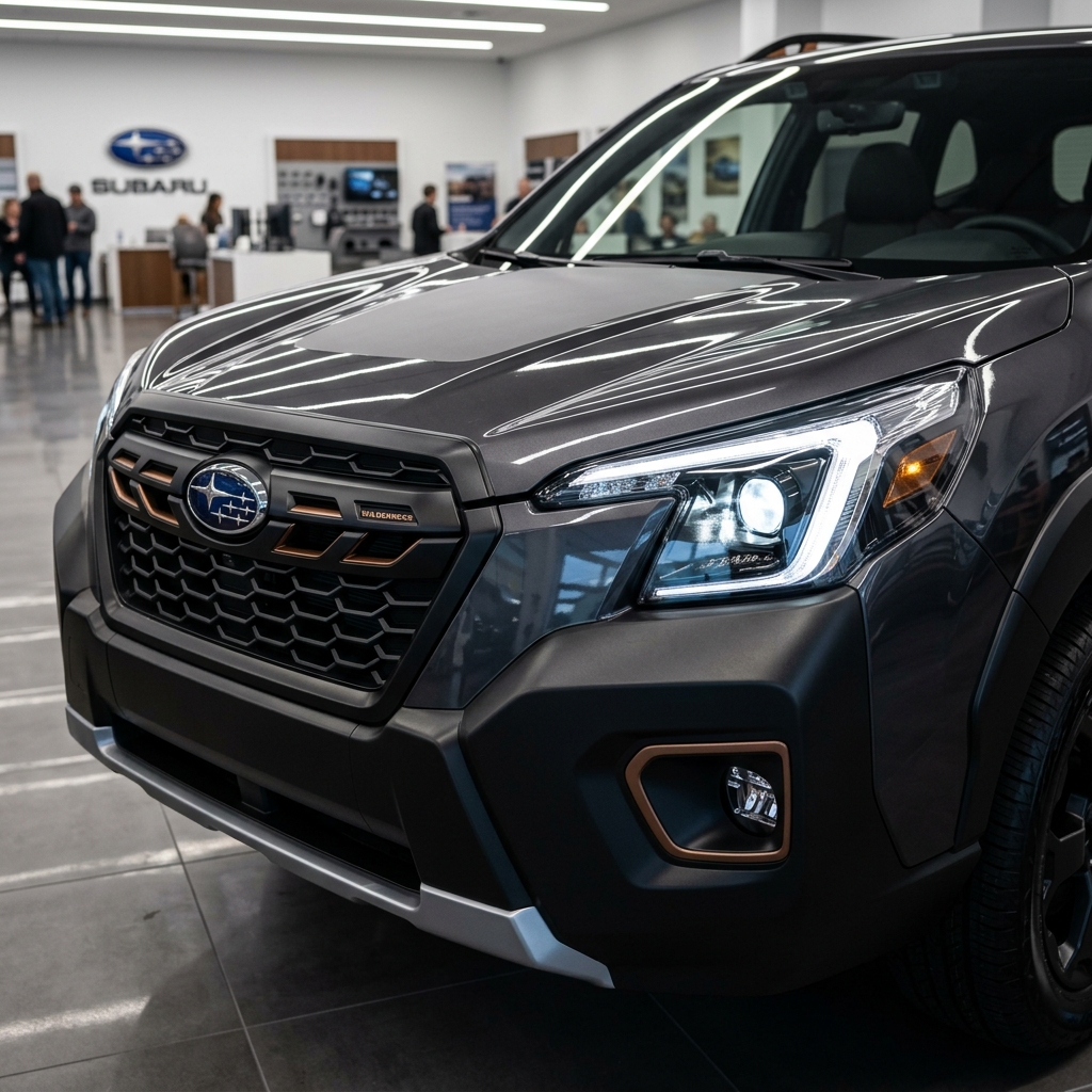 Front view of a dark gray Subaru Forester Wilderness with copper accents and illuminated headlights inside a showroom. (Representative image for illustration purposes only. Actual vehicle may vary based on trim and configuration.)
