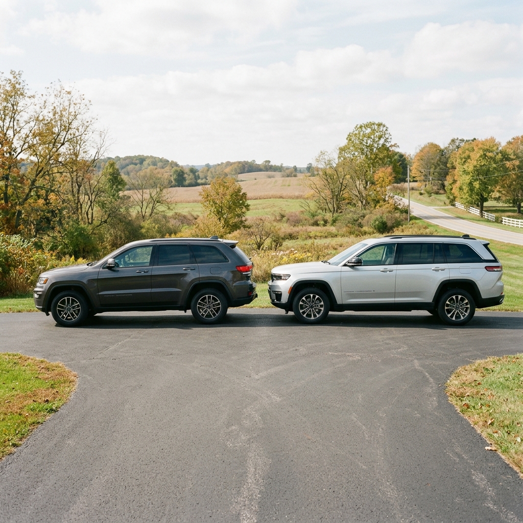 A dark gray Jeep Grand Cherokee and a silver Jeep Grand Cherokee L parked in profile along a rural asphalt road. (Representative image for illustration purposes only. Actual vehicle may vary based on trim and configuration.)