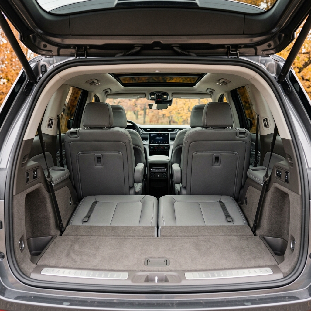 Open trunk of a grey SUV showcasing folded third-row seats, second-row captain's chairs, and spacious cargo space. (Representative image for illustration purposes only. Actual vehicle may vary based on trim and configuration.)