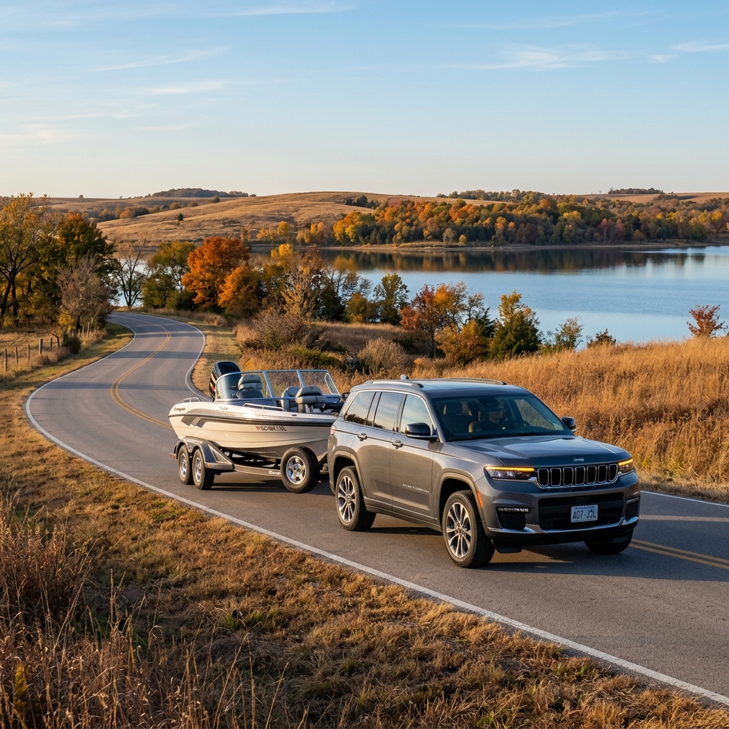 A gray Jeep SUV towing a motorboat on a trailer along a winding scenic road next to a lake in autumn. (Representative image for illustration purposes only. Actual vehicle may vary based on trim and configuration.)