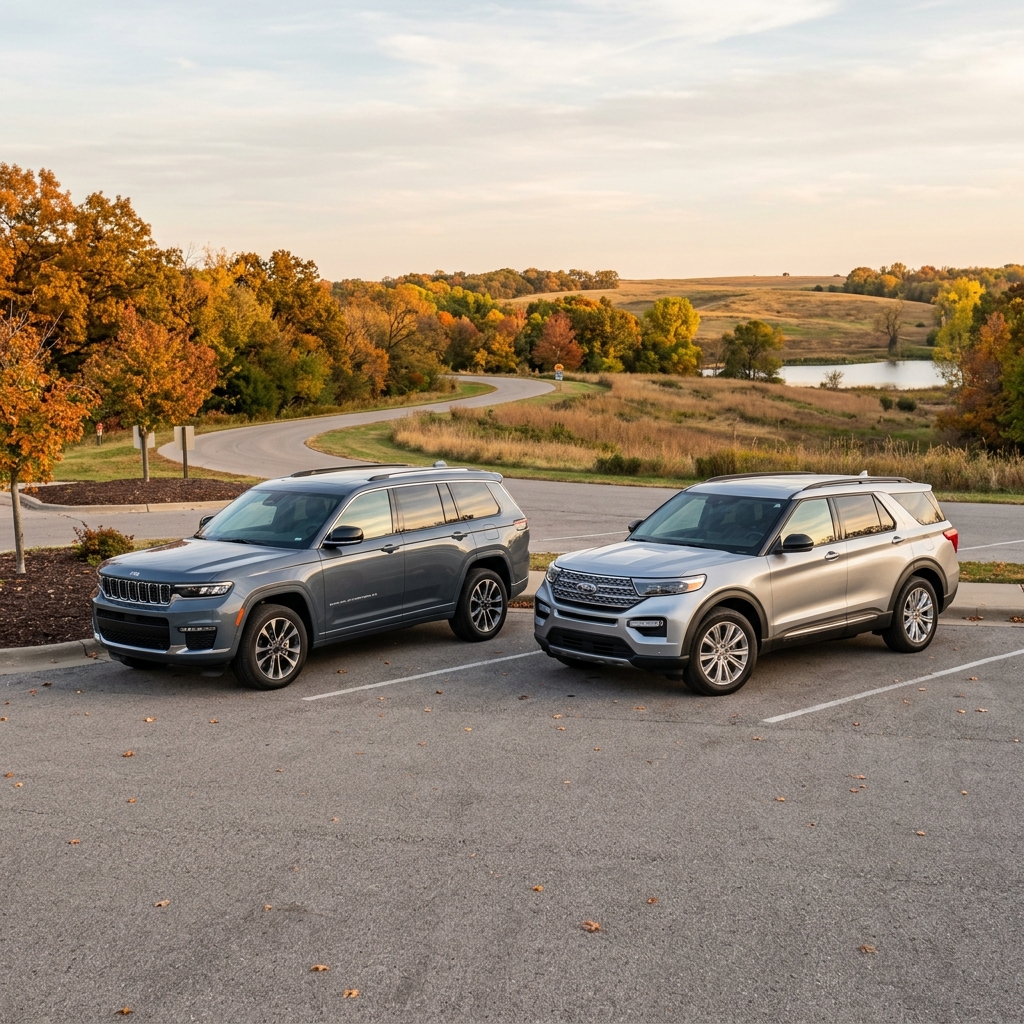 Dark grey Jeep Grand Cherokee and silver Ford Explorer parked side by side with colorful autumn trees in the background. (Representative image for illustration purposes only. Actual vehicle may vary based on trim and configuration.)