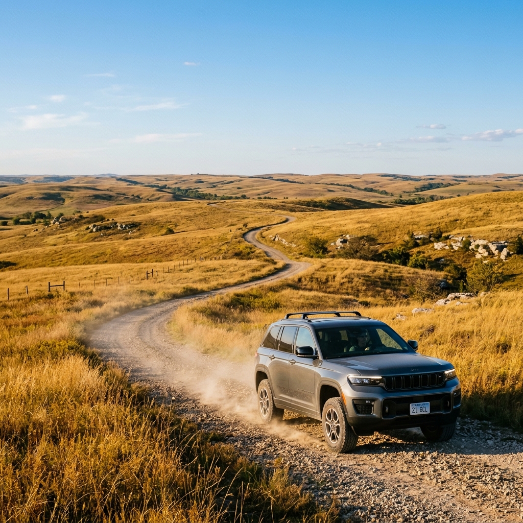 A gray Jeep SUV driving along a winding dirt road through golden rolling prairie hills under a bright blue sky. (Representative image for illustration purposes only. Actual vehicle may vary based on trim and configuration.)