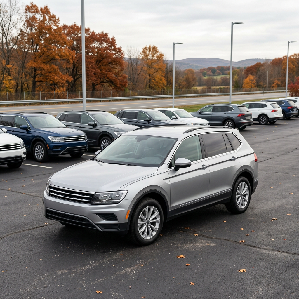 A silver crossover SUV parked in a dealership lot with autumn foliage and other parked cars in the background. (Representative image for illustration purposes only. Actual vehicle may vary based on trim and configuration.)