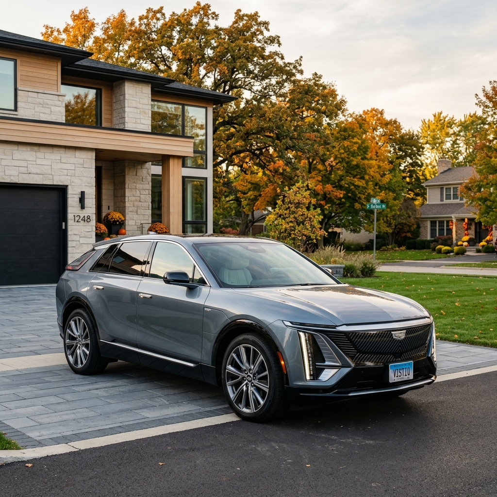 A silver Cadillac electric SUV parked on a paved driveway in front of a modern home surrounded by fall foliage. (Representative image for illustration purposes only. Actual vehicle may vary based on trim and configuration.)