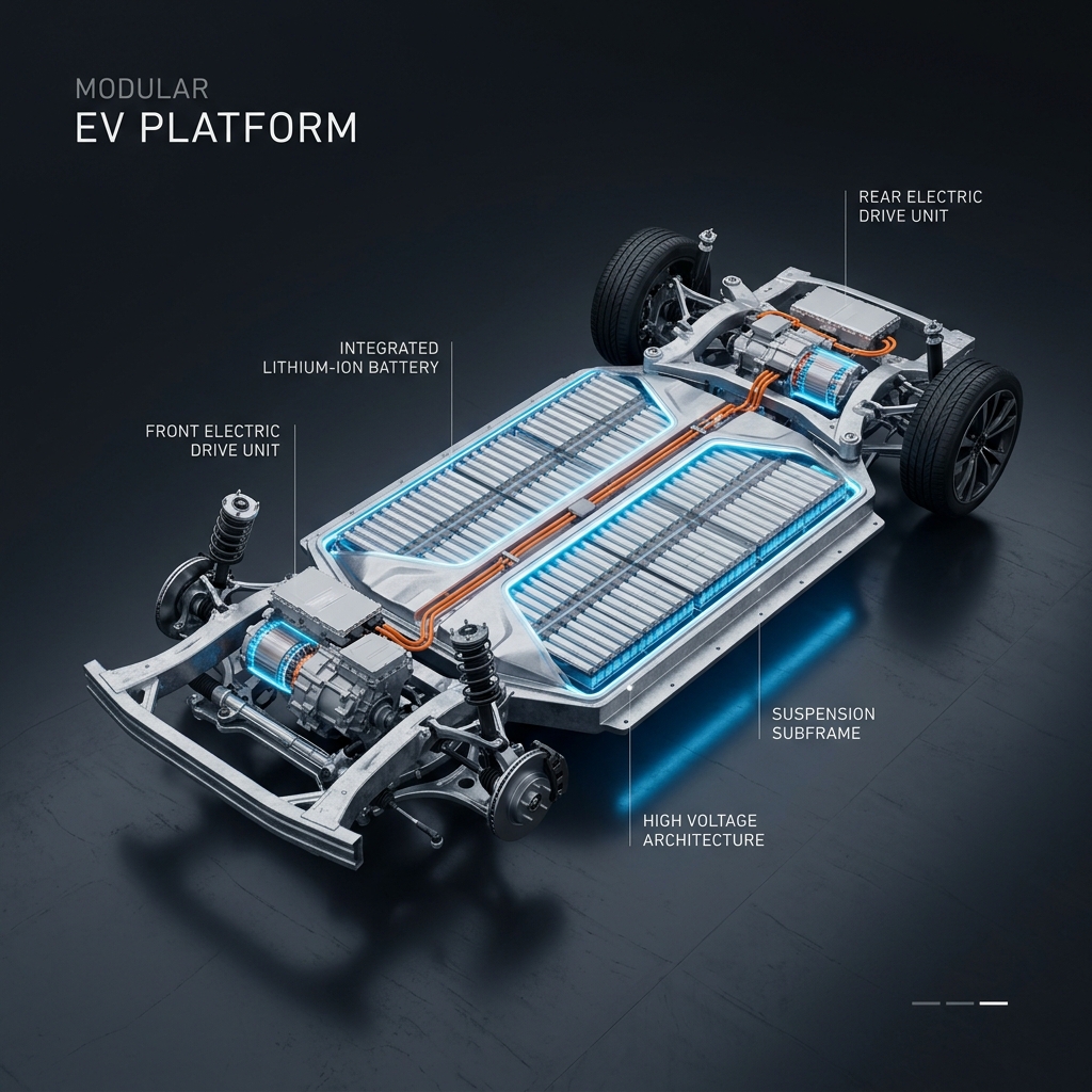 3D diagram of a modular electric vehicle chassis with labeled battery, electric drive units, and suspension. (Representative image for illustration purposes only. Actual vehicle may vary based on trim and configuration.)