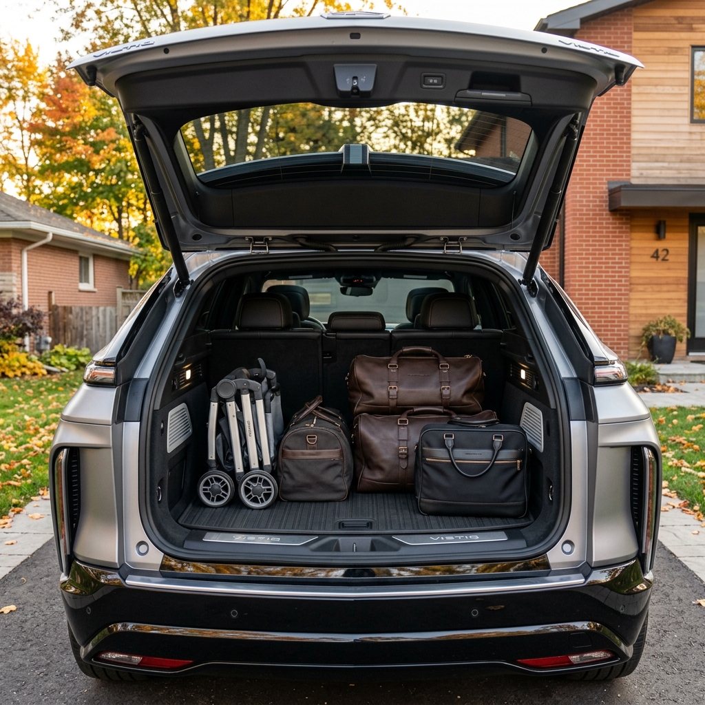 Open trunk of a silver luxury SUV packed with leather duffel bags, a briefcase, and a folded stroller. (Representative image for illustration purposes only. Actual vehicle may vary based on trim and configuration.)
