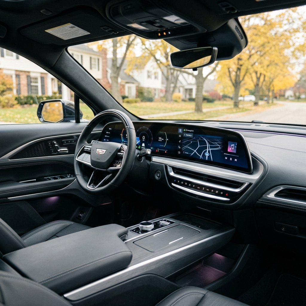 Interior view of a modern Cadillac featuring a curved digital display screen, leather steering wheel, and sleek center console. (Representative image for illustration purposes only. Actual vehicle may vary based on trim and configuration.)