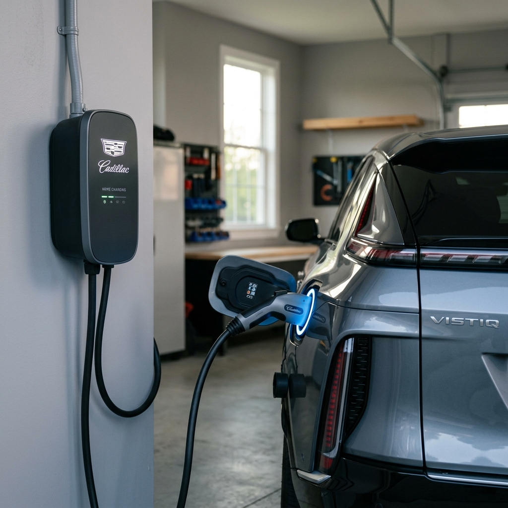 A silver Cadillac VISTIQ electric vehicle charging via a wall-mounted Cadillac home charger in a garage. (Representative image for illustration purposes only. Actual vehicle may vary based on trim and configuration.)