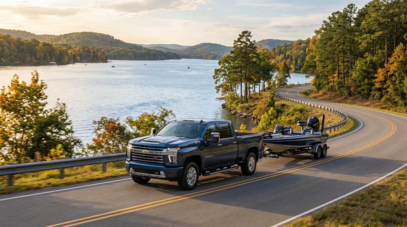 A blue Chevrolet pickup truck towing a bass boat along a scenic, winding lake road during autumn. (Representative image for illustration purposes only. Actual vehicle may vary based on trim and configuration.)