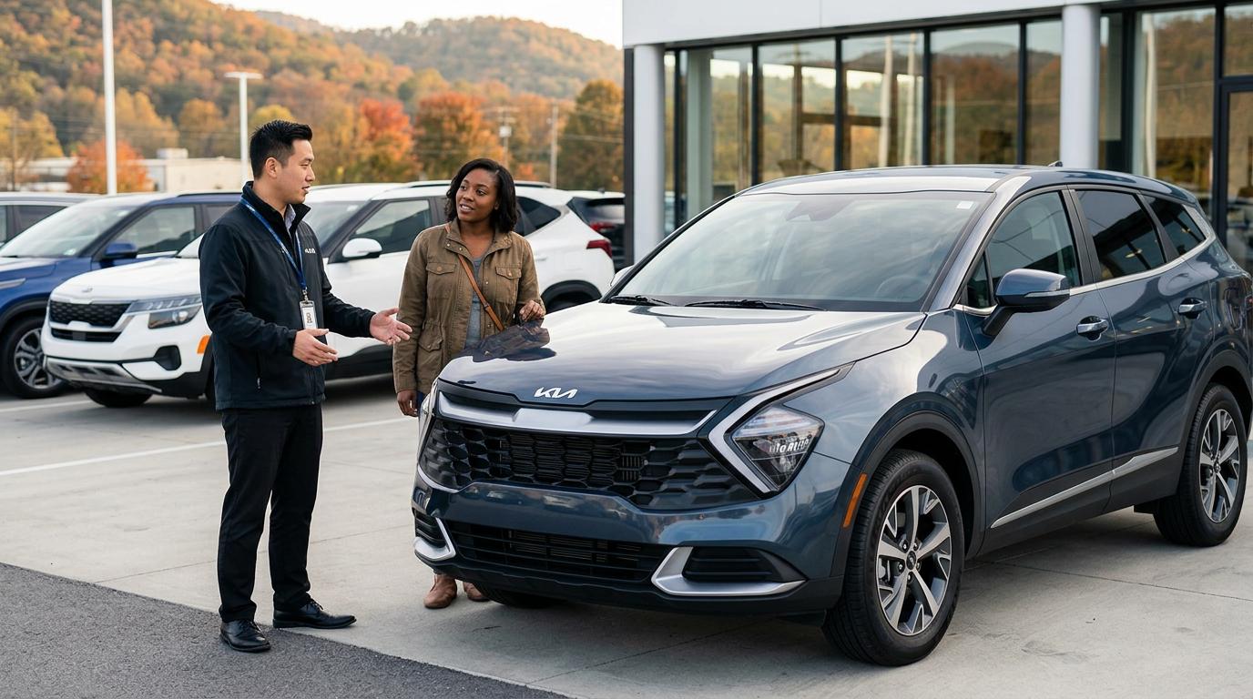 Car salesman showing a dark blue Kia SUV to a female customer at an outdoor dealership lot. (Representative image for illustration purposes only. Actual vehicle may vary based on trim and configuration.)