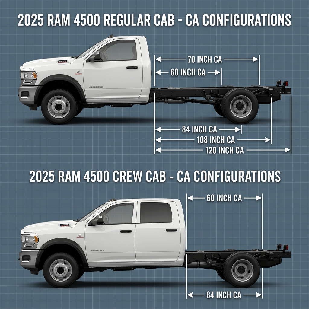 Diagram showing cab-to-axle (CA) length options for the 2025 RAM 4500 Regular Cab and Crew Cab chassis models. (Representative image for illustration purposes only. Actual vehicle may vary based on trim and configuration.)