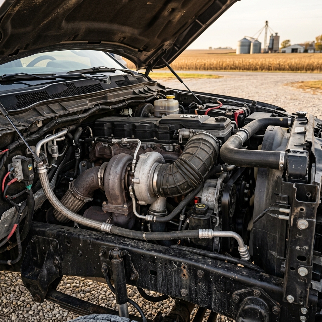 Detailed view of a heavy-duty diesel engine inside an open truck hood on a rural farm road. (Representative image for illustration purposes only. Actual vehicle may vary based on trim and configuration.)