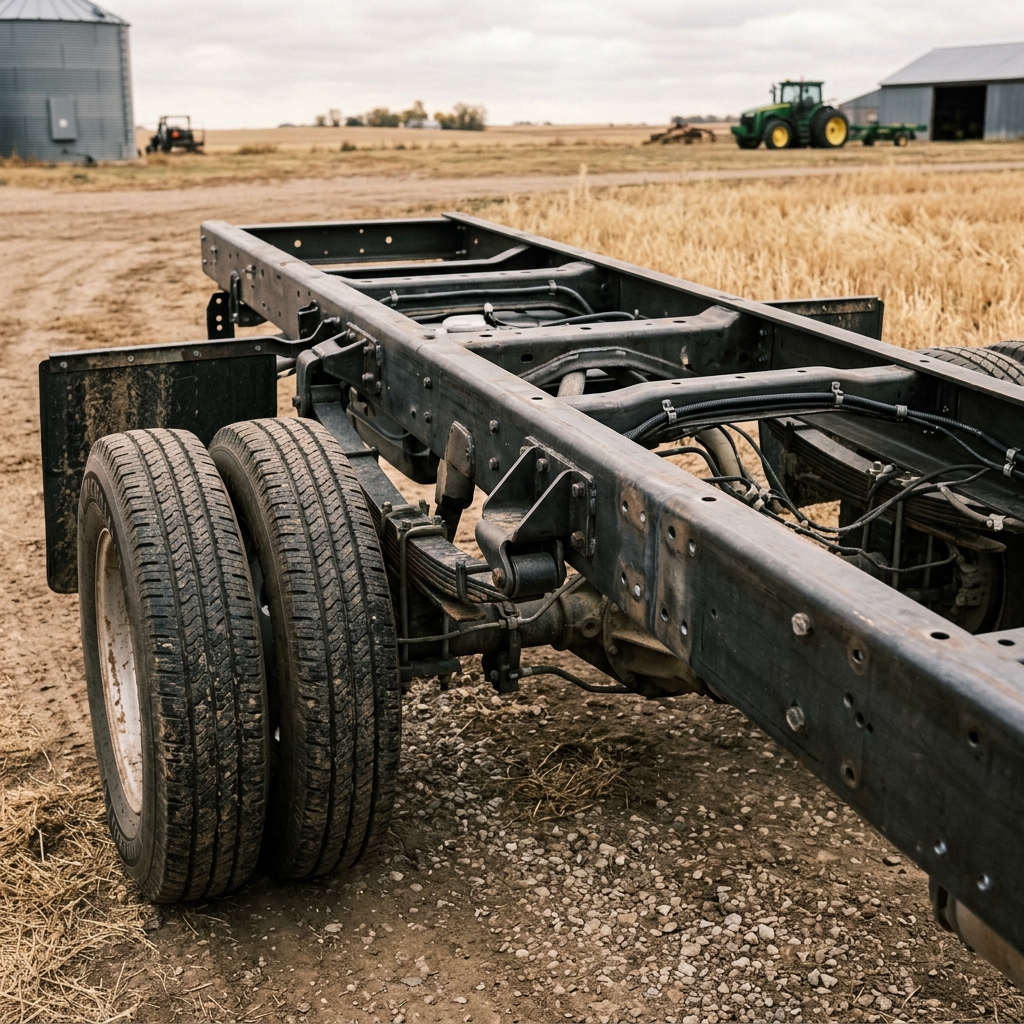 Close-up of a black heavy-duty truck chassis frame with dual rear tires parked on a farm gravel driveway. (Representative image for illustration purposes only. Actual vehicle may vary based on trim and configuration.)