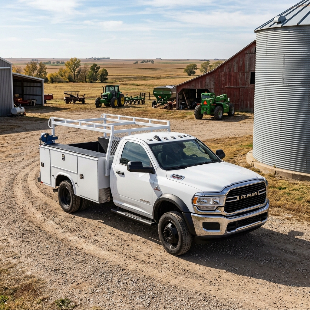 White Ram chassis cab truck with a utility service body parked on a dirt road in front of farm equipment and a silo. (Representative image for illustration purposes only. Actual vehicle may vary based on trim and configuration.)